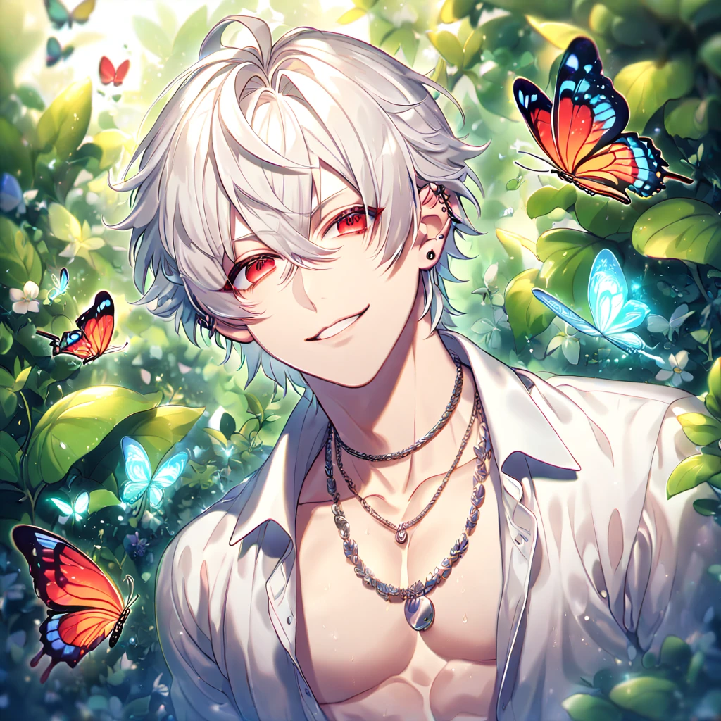 absurdres, highres, ultra detailed, HDR, master piece, best quality, extremely detailed face, delicated features, Aohitsugi Samatoki, chin length white hair, expressive red eyes, long eyelashes, Hypnosis Mic, solo, sexy man, handsome, handsome smile, white shirt, unbuttoned shirt, necklace, ear piercings, fantasy, magical, butterflies, summer, green leaves, flowers, water