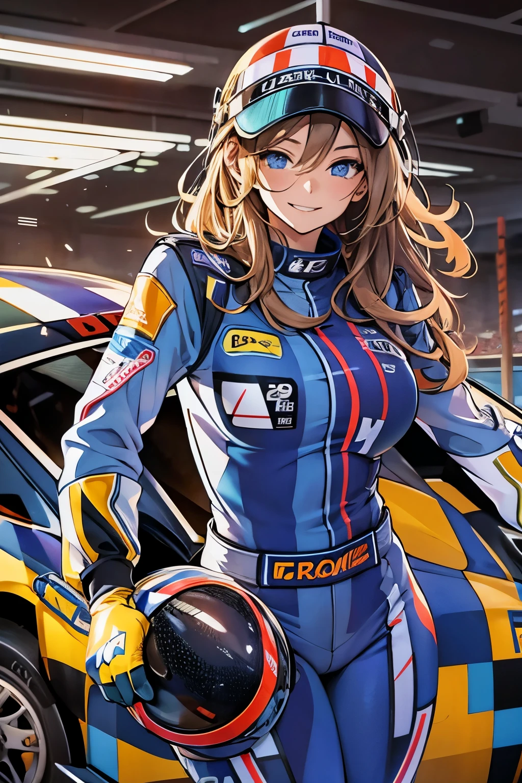 (best quality,highres),Tess Darret,Pole Position,holding a race helmet in hands,standing inside of her race car,smiling,anime style,bright colors,dynamic lighting,shiny finish,front pose,attention to detail,sparkling eyes,long flowing hair,wearing a racing suit,checkered flag pattern on the car,exciting atmosphere,vivid expressions, front towards the viewer, toe to head, standing straight symmetrical