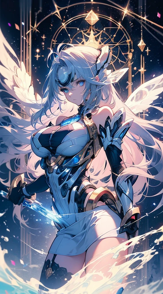 ((masterpiece:1.2)), ((Highest Quality)), Highly detailed and delicate illustration style, detailed skin texture, detailed metal texture, detailed cloth texture, Extreme detailed description, (T-Masterpiece), (super fine illustration), Highly detailed face, Raw photo, Professional, (Ultra-fine painting), Perfect Anatomy, sexy, realisitic, ((Solo)), ((A beautiful and cool female the head court mage with beautiful silver hair and beautiful blue eyes who is dressed as a mechanical angel)), Beautifully shaped small breasts, Beautifully shaped buttocks, concept-art, (combat pose), Detailed science and magic Fantasy Art, (Beautiful shiny silver hair), (Beautiful clear blue eyes), (detailed beautiful eyes:1.6), (Has large sapphire blue symmetrical mechanical wings:1.1), ((sophisticated mechanism:1.4))Smooth and menacing design, ((Highly detailed and delicate mechanical sapphire blue spellbook exclusively for the head court mage)), ((Highly detailed and cool Attack Magic Casting Pose)), ((Highly detailed and delicate ice and snow magic sacred type mechanical sophisticated exoskeleton armor dress in pearl white and sapphire blue exclusively for the head court mage)), (Always draw a very detailed and delicate magic circle with a spellbook), Highly detailed and delicate starry sky, other world, No robot, (8K highest quality wallpaper), Highly detailed and delicate background, (NSFW) BREAK (Geometric patterns), (colorful confetti:1.15), BREAK
