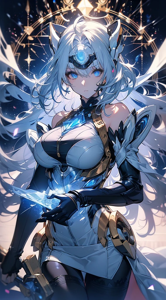 ((masterpiece:1.2)), ((Highest Quality)), Highly detailed and delicate illustration style, detailed skin texture, detailed metal texture, detailed cloth texture, Extreme detailed description, (T-Masterpiece), (super fine illustration), Highly detailed face, Raw photo, Professional, (Ultra-fine painting), Perfect Anatomy, sexy, realisitic, ((Solo)), ((A beautiful and cool female the head court mage with beautiful silver hair and beautiful blue eyes who is dressed as a mechanical angel)), Beautifully shaped small breasts, Beautifully shaped buttocks, concept-art, (combat pose), Detailed science and magic Fantasy Art, (Beautiful shiny silver hair), (Beautiful clear blue eyes), (detailed beautiful eyes:1.6), (Has large sapphire blue symmetrical mechanical wings:1.1), ((sophisticated mechanism:1.4))Smooth and menacing design, ((Highly detailed and delicate mechanical sapphire blue spellbook exclusively for the head court mage)), ((Highly detailed and cool Attack Magic Casting Pose)), ((Highly detailed and delicate ice and snow magic sacred type mechanical sophisticated exoskeleton armor dress in pearl white and sapphire blue exclusively for the head court mage)), (Always draw a very detailed and delicate magic circle with a spellbook), Highly detailed and delicate starry sky, other world, No robot, (8K highest quality wallpaper), Highly detailed and delicate background, (NSFW) BREAK (Geometric patterns), (colorful confetti:1.15), BREAK