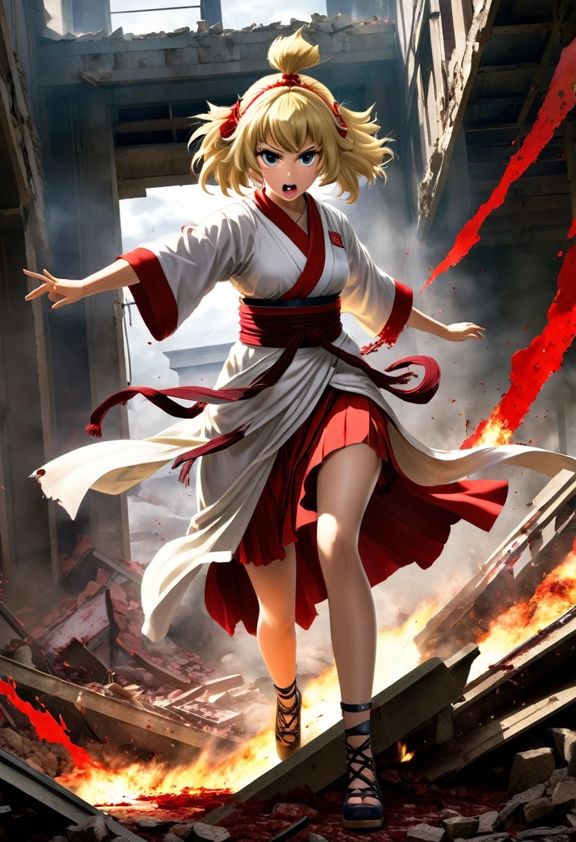 Character: Toga Himiko
Pose: Preparing to attack
Action: Using quick
Situation: In a collapsed building, mid-battle scene
Details: There is some blood on her clothes, and her expression is serious