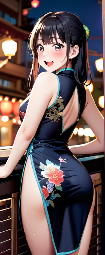 High resolution, adult woman , good lighting, despicable, , (No nudity), (((shiny cheongsam))), (()), ((())), (garter belt), abdomen only, (),  ,  cute face, I&#39;m embarrassed and blush, humiliating, ((turn around and look back)), (T-back)(See-through)