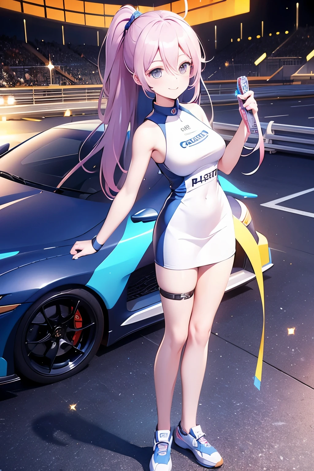 (best quality,highres),Tess Darret,Pole Position,holding a race helmet in hands,standing inside of her race car,smiling,anime style,bright colors,dynamic lighting,shiny finish,front pose,attention to detail,sparkling eyes,long flowing hair,wearing a racing suit,checkered flag pattern on the car,exciting atmosphere,vivid expressions, front towards the viewer, toe to head, standing straight symmetrical