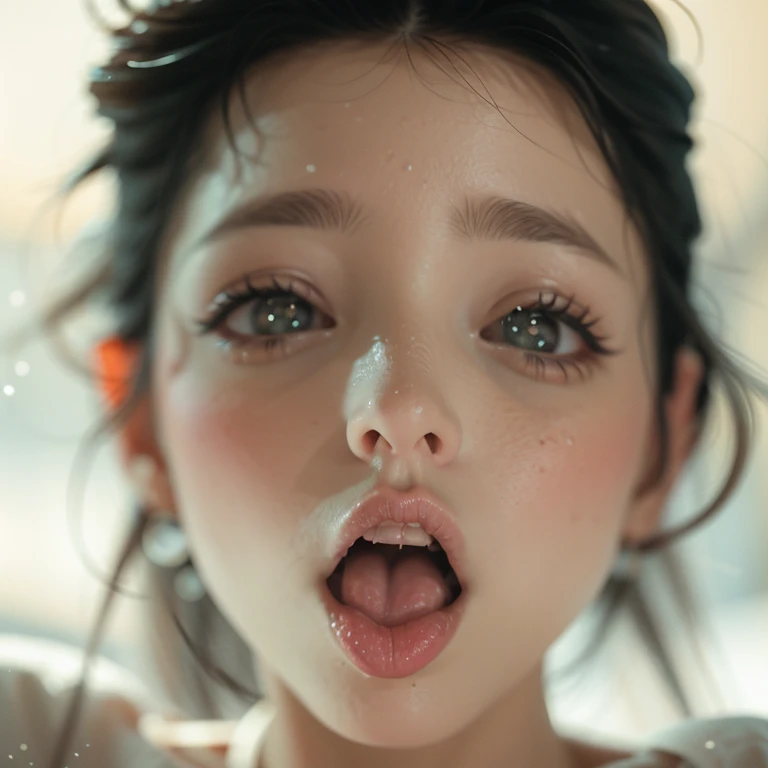 ExtremelyDetailed Kawaii girl Face,(Close-up Sweet lips), glossy lips with beautiful details, Coquettish tongue, Kissing to camera, towards the viewer, 8K TopQuality masterpiece,an extremely delicate and beautiful (ProfessionalPhoto:1.37), {Amazing|finely detail|official art|incredibly absurdres},ultra-detailed close-up shot, close up, (fish eye lens), wide lens, macro lens, Detailed reflective Eyes ElaboratePupils with (sparkling highlights:1.28) (Delicate Voluminous LongEyelashes:0.88), {(Tilted face:1.22)|Visible back of throat|saliva drips|naked shoulder}, (Dripping juice on tongue:1.23) snow particles