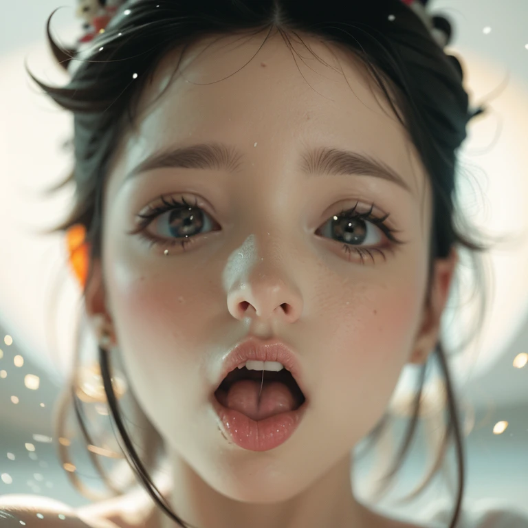 ExtremelyDetailed Kawaii girl Face,(Close-up Sweet lips), glossy lips with beautiful details, Coquettish tongue, Kissing to camera, towards the viewer, 8K TopQuality masterpiece,an extremely delicate and beautiful (ProfessionalPhoto:1.37), {Amazing|finely detail|official art|incredibly absurdres},ultra-detailed close-up shot, close up, (fish eye lens), wide lens, macro lens, Detailed reflective Eyes ElaboratePupils with (sparkling highlights:1.28) (Delicate Voluminous LongEyelashes:0.88), {(Tilted face:1.22)|Visible back of throat|saliva drips|naked shoulder}, (Dripping juice on tongue:1.23) snow particles
