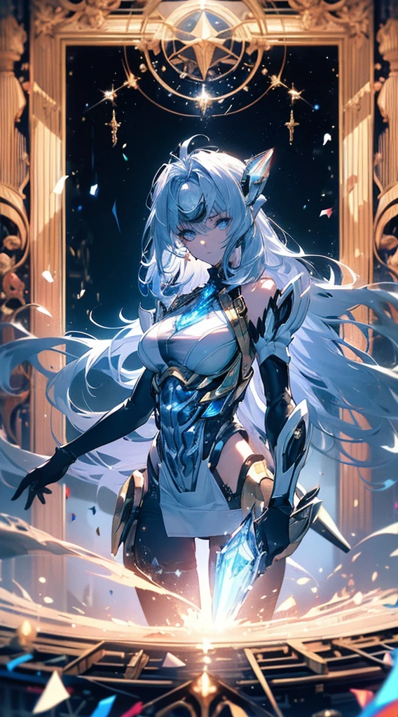 ((masterpiece:1.2)), ((Highest Quality)), Highly detailed and delicate illustration style, detailed skin texture, detailed metal texture, detailed cloth texture, Extreme detailed description, (T-Masterpiece), (super fine illustration), Highly detailed face, Raw photo, Professional, (Ultra-fine painting), Perfect Anatomy, sexy, realisitic, ((Solo)), ((A beautiful and cool female the head court mage with beautiful silver hair and beautiful blue eyes who is dressed as a mechanical angel)), Beautifully shaped small breasts, Beautifully shaped buttocks, concept-art, (combat pose), Detailed science and magic Fantasy Art, (Beautiful shiny silver hair), (Beautiful clear blue eyes), (detailed beautiful eyes:1.6), (Has large sapphire blue symmetrical mechanical wings:1.1), ((sophisticated mechanism:1.4))Smooth and menacing design, ((Highly detailed and delicate mechanical sapphire blue spellbook exclusively for the head court mage)), ((Highly detailed and cool Attack Magic Casting Pose)), ((Highly detailed and delicate ice and snow magic sacred type mechanical sophisticated exoskeleton armor dress in pearl white and sapphire blue exclusively for the head court mage)), (Always draw a very detailed and delicate magic circle with a spellbook), Highly detailed and delicate starry sky, other world, No robot, (8K highest quality wallpaper), Highly detailed and delicate background, (NSFW) BREAK (Geometric patterns), (colorful confetti:1.15), BREAK