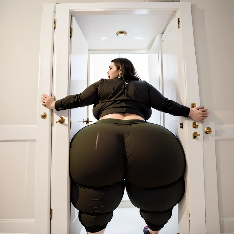 masterpiece, 1girl behind a doorway, from behind, (doorstuck, stuckback:1.3), ssbbw ,huge wide hips, round belly, thick thighs, giant butt,colorful clothing, wearing a olive green suit and tie and formal pants, upset, desperately trying to wiggle through, she tries to free herself but she won't budge, she is stuck tight view from above, she is too wide, the doorway is quite narrow too, she kicks her legs furiously, trying to wiggle her hips through the small door, but its no good, the door is too small, she keeps trying to squeeze through with frustration, she is stuck too tight