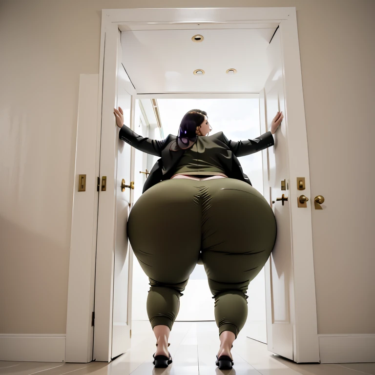 masterpiece, 1girl behind a doorway, from behind, (doorstuck, stuckback:1.3), ssbbw ,huge wide hips, round belly, thick thighs, giant butt,colorful clothing, wearing a olive green suit and tie and formal pants, upset, desperately trying to wiggle through, she tries to free herself but she won't budge, she is stuck tight view from above, she is too wide, the doorway is quite narrow too, she kicks her legs furiously, trying to wiggle her hips through the small door, but its no good, the door is too small, she keeps trying to squeeze through with frustration, she is stuck too tight