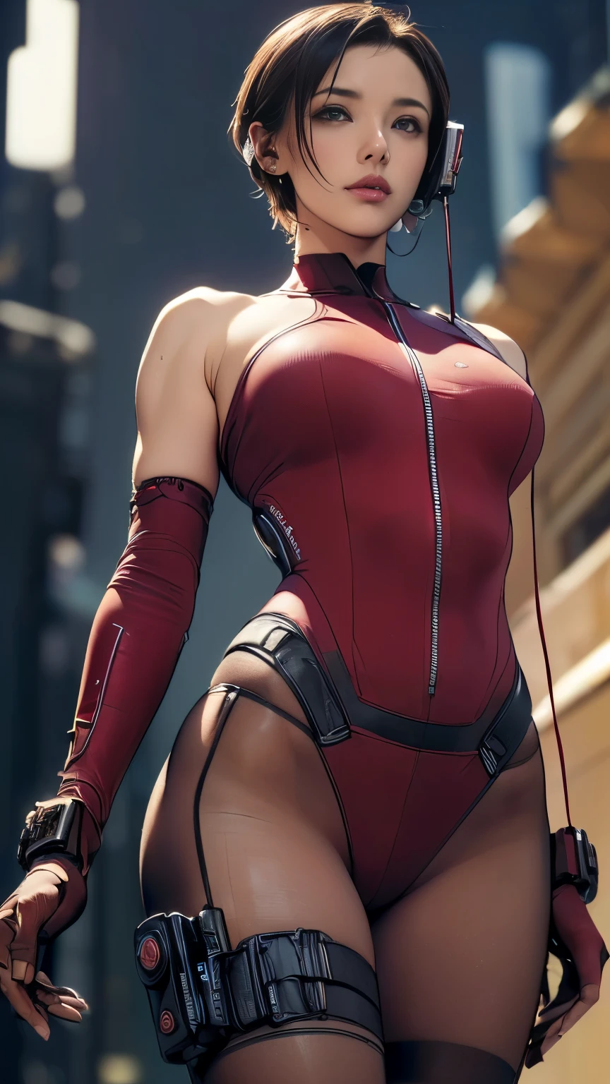 (A woman),(((A female member of the Future Force stands))),((maroon tactical high leg bodysuit:1.5)),((earphone:1.5)),((Tactical Holster:1.5)),(Gloves:1.5),(Serious:1.5),(Super short hair:1.5),(beautiful eyes:1.3),(Very detailedな顔:1.5),((Very detailed drawing of a female hand:1.5)),(((muscular:1.5))),((Sexy appearance:1.5)),((Thick thighs:1.5)),(Beautiful Body:1.5),((Very sensual:1.5)),(The backdrop is a futuristic city:1.5),(Cyberpunk atmosphere:1.5),(((Blurred Background:1.5))),(Written border depth:1.5),rest(((masterpiece:1.5),(best quality:1.5),(Very detailed:1.5),(high resolution:1.5),(Practical:1.5),(Practical:1.5),(Delicate depiction),(Carefully drawn))),8k,wallpaper, (((camel toe1.5))),(from below:1.2)
