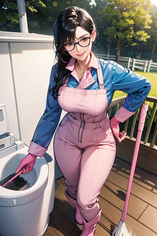 A mature woman with black hair and glasses wearing large pink rubber gloves and white rubber boots, smiling, holding a deck brush and talking to a  in a park toilet, wearing a blue long-sleeved jumpsuit