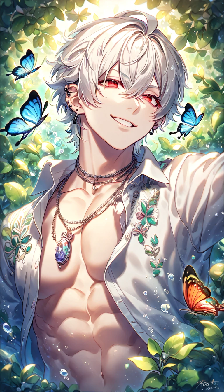 Ultra detailed, HDR, Highres, absurdres, master piece, Ginoza Nobushika, black hair, glasses, expressive green eyes, Psycho Pass, blue glittering butterflies, petals, fantasy, blue flowers, sexy man, solo, extremely detailed face and eyes, handsome, glittering, toned chest, black coat with patterns, black shirt, tattoo on his neck, blue background, blue flames, sitting, black pants