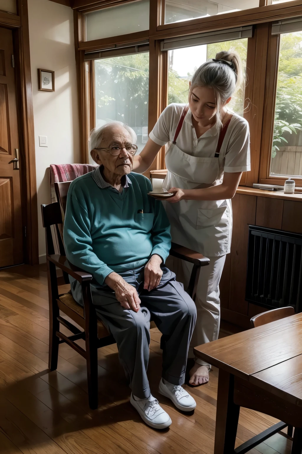 elderly man sitting on the chair in his house and his maid 