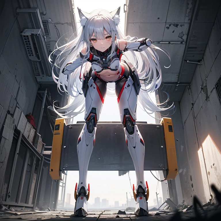 (8k, Realistic, RAW Photos, Highest quality, (from below:2), View your viewers: 1.3), (Fox Girl, Fox Ears, Silver Hair, One Girl, Long Hair, (Alone on the screen, dark skin), High definition:1.6), (mecha musume, Machinery Parts,Robot Joints, (White and red clothes, Full body mechanical suit):1.8), (Body measurements are 75-60-75!, Young girl body, Small breasts, Emphasize the chest, , bent over, slender, muscle:1.9),(美しいface, Delicate drawing, It is written down in detail), Avatar, face, 色っぽいface, Dominant representation, naughty face, Uplifting, Skin Texture, outside, ruins, Ruined City, Broken Building, There are no people