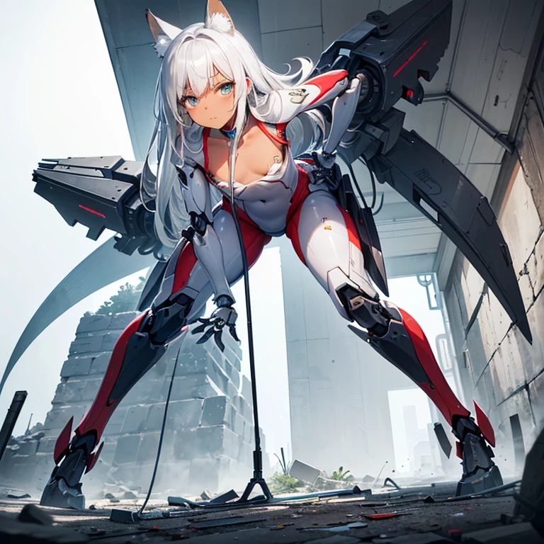 (8k, Realistic, RAW Photos, Highest quality, (from below:2), View your viewers: 1.3), (Fox Girl, Fox Ears, Silver Hair, One Girl, Long Hair, (Alone on the screen, dark skin), High definition:1.6), (mecha musume, Machinery Parts,Robot Joints, (White and red clothes, Full body mechanical suit):1.8), (Body measurements are 75-60-75!, Young girl body, Small breasts, Emphasize the chest, , bent over, slender, muscle:1.9),(美しいface, Delicate drawing, It is written down in detail), Avatar, face, 色っぽいface, Dominant representation, naughty face, Uplifting, Skin Texture, outside, ruins, Ruined City, Broken Building, There are no people