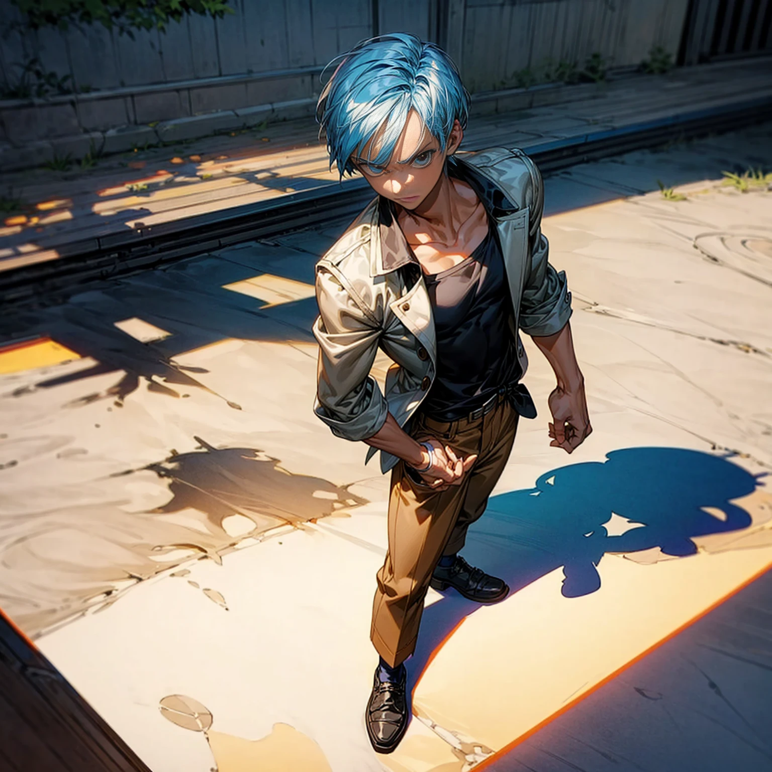 Solo character, young boy, Full body version, blue half white colour hair, short haircut, black shirt, brown trousers, shoes, no tie, Grassroots, background in Schoolyard, standing gesture, shadow, (one piece style art)