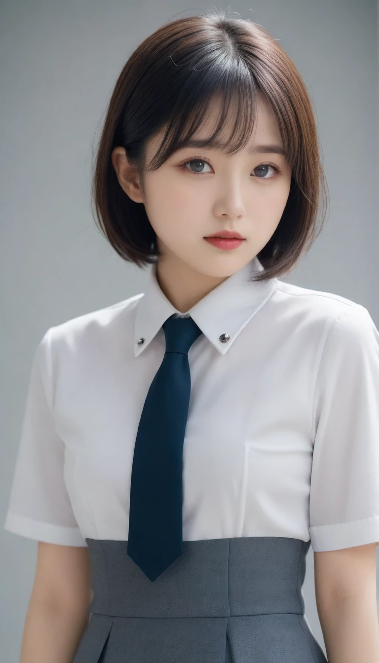 8k, Ultra-high resolution, Highest quality, masterpiece, 三分割法によるphotograph,Surreal, photograph, 1 Girl, (16 years old:1.3), pretty girl, Cute Face, Beautiful eyes in every detail, 細かくdetailedに,masterpiece,One Girl:1.2,Japanese female officer,Superior non-commissioned officer,full body,Black short hair,Bob with bangs, (The finest ceremonial attire:1.3),Pencil Skirt,Nazi SS uniform,HUGO BOSS,Sharp contours,Looking down,Gray background, Light from above, Low contrast, (Side view),Perfect and beautiful face ,完璧でCute Face, Skin with attention to detail, Perfect limbs、Narrow waist,Looking at the audience,(((Ideal body type))),A cup small breasts :2,Portraiture:2,Perfect Anatomy,鮮明なdetailed,detailed,Surreal,Light and shadow,glowing