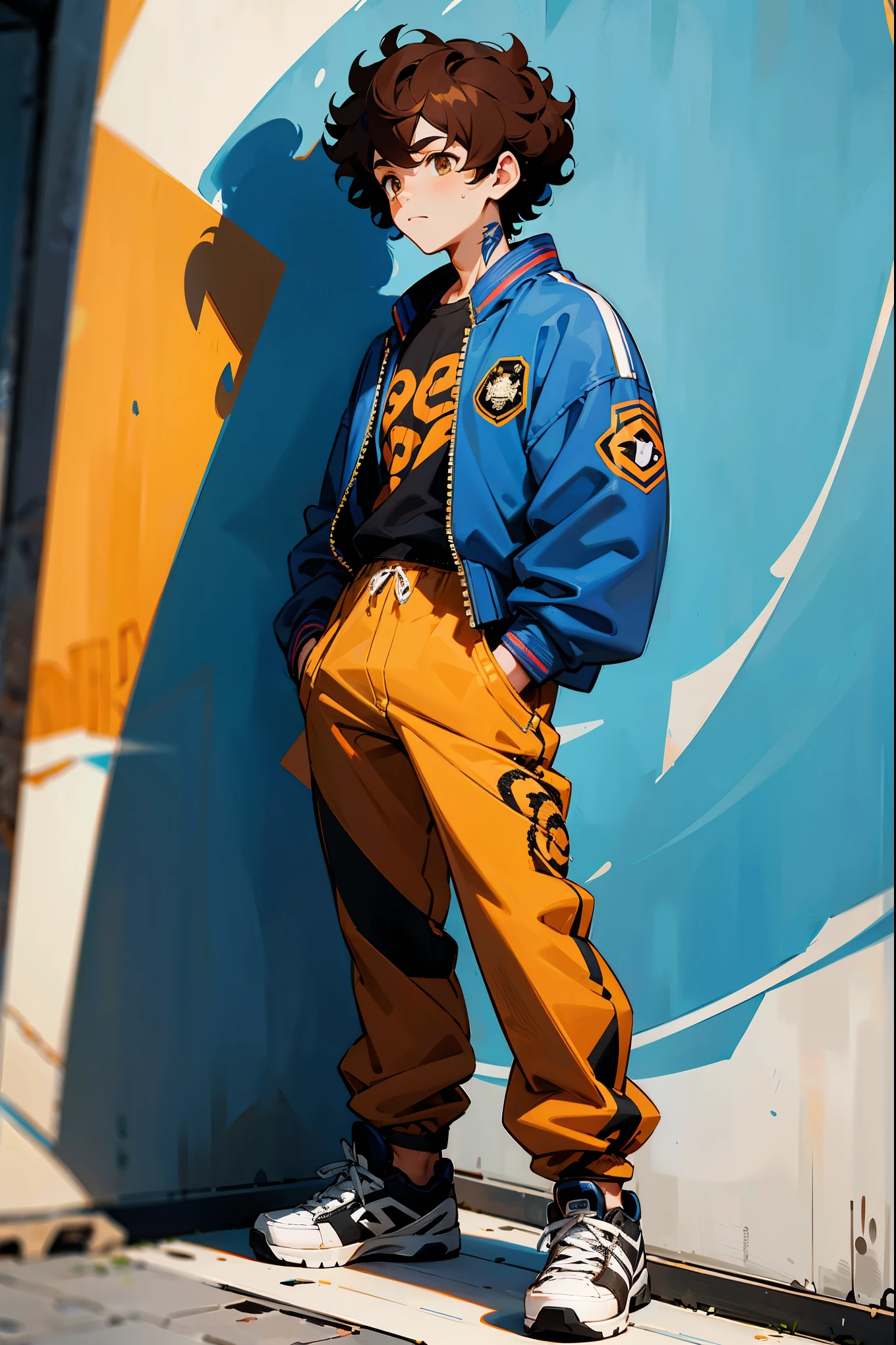 1male, curly brown hair, hazel eyes, blue bomber jacket with tiger embroidery, black joggers, white sneakers, standing in front of a graffiti wall, masterpiece, 8k, street art scene, standing on path