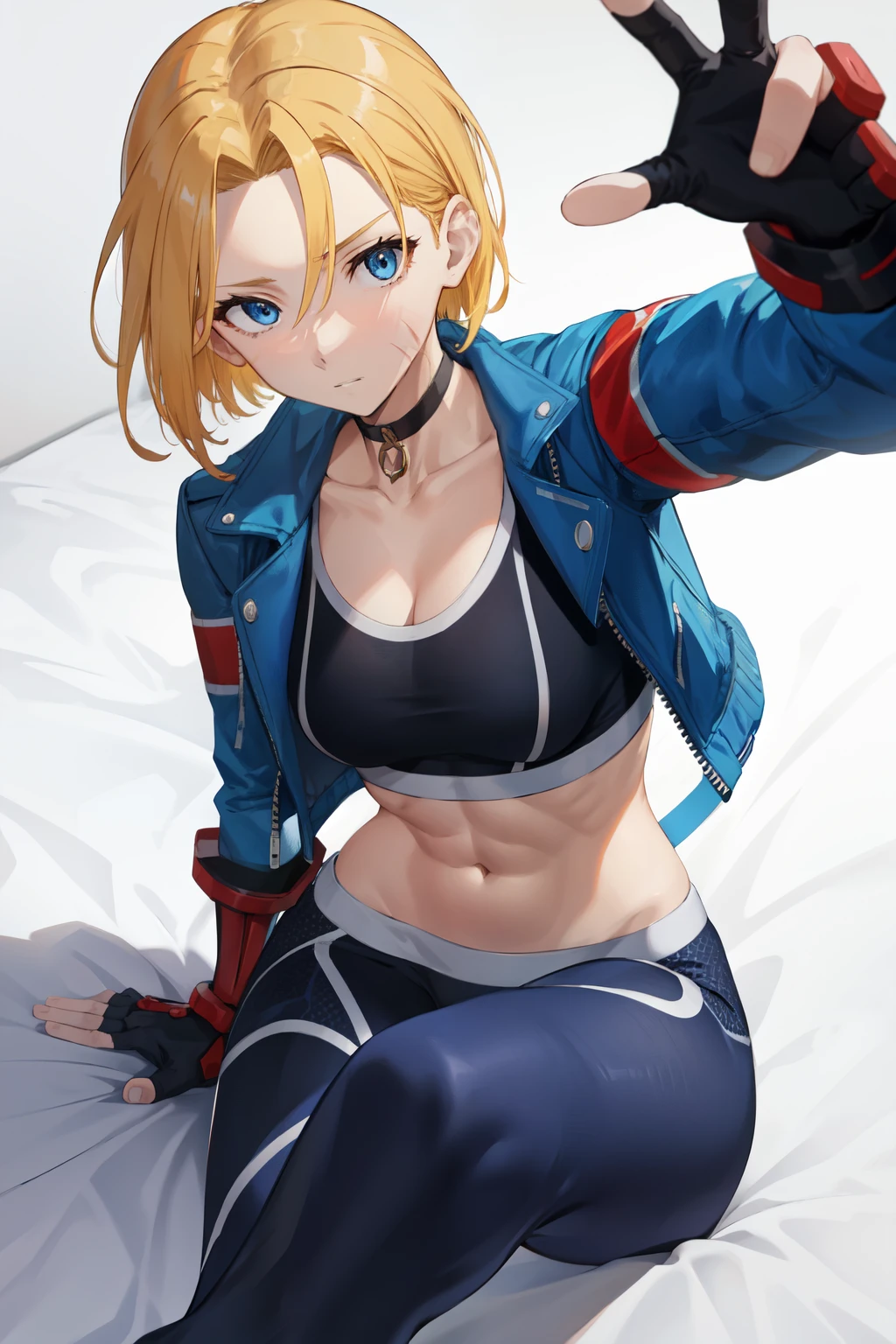 cammy sf6, black sports bra, choker, 1girl, solo, black pants, navel, abs, white background, blue eyes, pants,, scar on face, large breasts, scar on cheek, selfie, yoga pants, cleavage, open jacket, scar, cropped jacket, blonde hair, fingerless gloves, sports bra, short hair, gloves, midriff, blue jacket, lying on bed, 1boy, pov, missionary, pov chest,