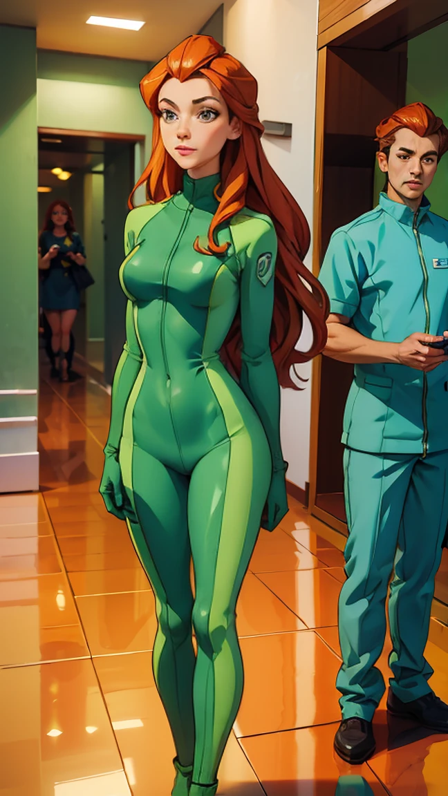 ((Full body photo, standing, on the floor))  sam \(totally spies\), orange hair, long hair, green eyes, green body suit, surprised, showing both ears, closed lips, (focus face)