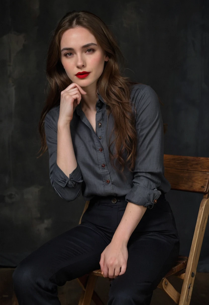 A woman with fair skin, red lipstick, and long brown hair, wearing a dark gray button-up shirt and dark pants, seated on a wooden chair, left elbow on knee and hand touching chin, looking directly at the camera with a thoughtful expression, against a dark background.