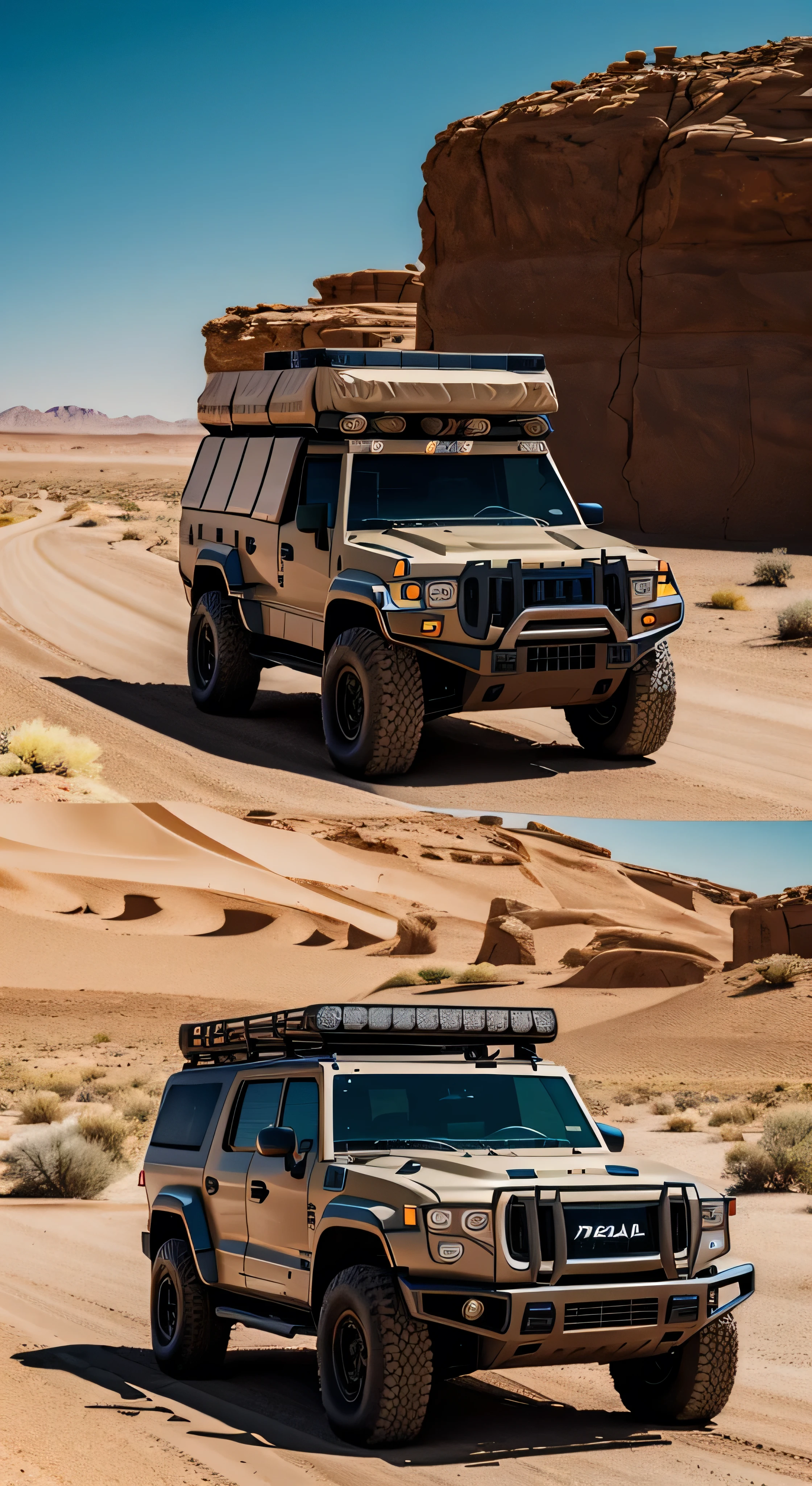 Driving a car in the desert、Character Portraits、Face from the front、Humvee、Thick neck、Anorld Rendering、twoface、、Surreal Absurdity、Humveeに乗るブラットピット、RAW Photos、8K  UHD、Digital SLR、Soft Lighting、high quality、Film Grain、Fujifilm XT3、(Highly detailed skin:1.2)