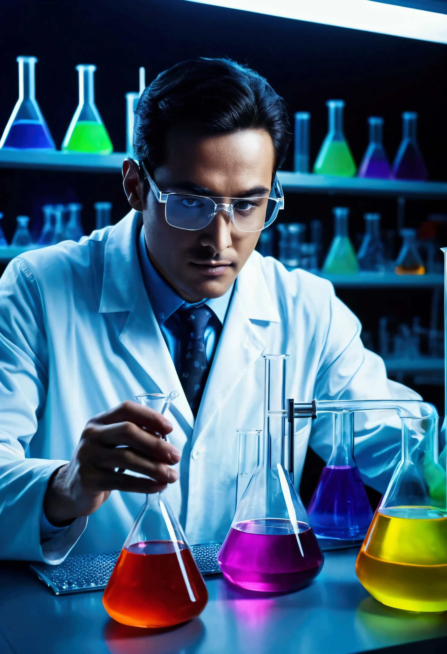 A scientist is working in laboratory of chemistry with futuristic feel in laboratory while colorful chemicals are emitting out of his flask