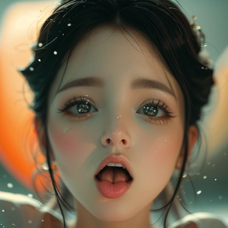 ExtremelyDetailed Kawaii girl Face,(Close-up Sweet lips), glossy lips with beautiful details, Coquettish tongue, Kissing to camera, towards the viewer, 8K TopQuality masterpiece,an extremely delicate and beautiful (ProfessionalPhoto:1.37), {Amazing|finely detail|official art|incredibly absurdres},ultra-detailed close-up shot, close up, (fish eye lens), wide lens, macro lens, Detailed reflective Eyes ElaboratePupils with (sparkling highlights:1.28) (Delicate Voluminous LongEyelashes:0.88), {(Tilted face:1.22)|Visible back of throat|saliva drips|naked shoulder}, (Dripping juice on tongue:1.23) snow particles
