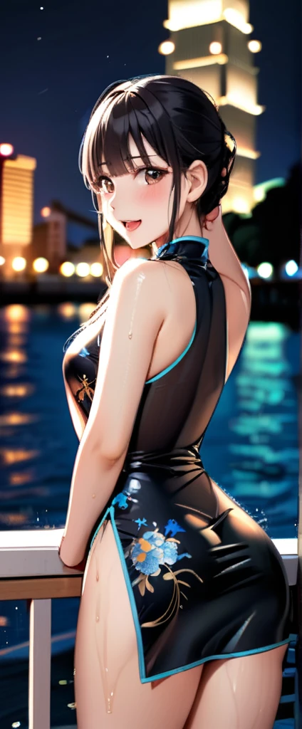 woman,20-year-old,,city,night,(((China dress))),,open mouth smile(),(()),((black hair)),blush、,((())),((turn around and look back))(wet with sweat)Reflecting the buttocks
