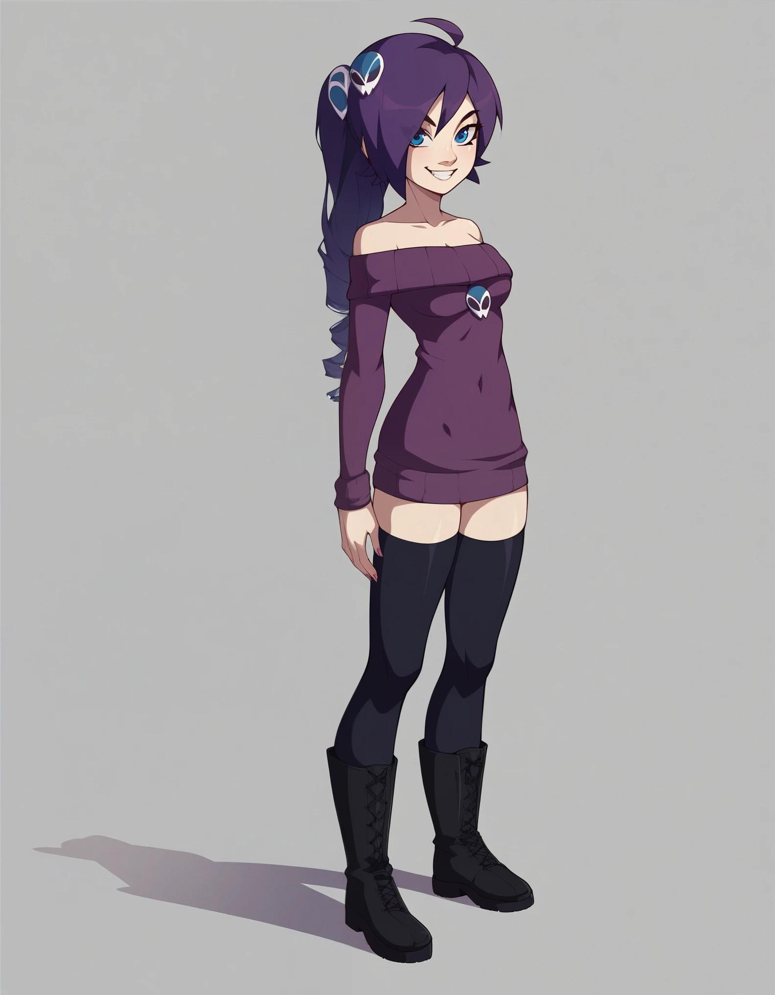 1girl, zonetan, drill hair, long hair, purple hair, skull hair ornament, ahoge, blue eyes, off-shoulder sweater, hip-high stockings, boots, standing, smile, front view, full body