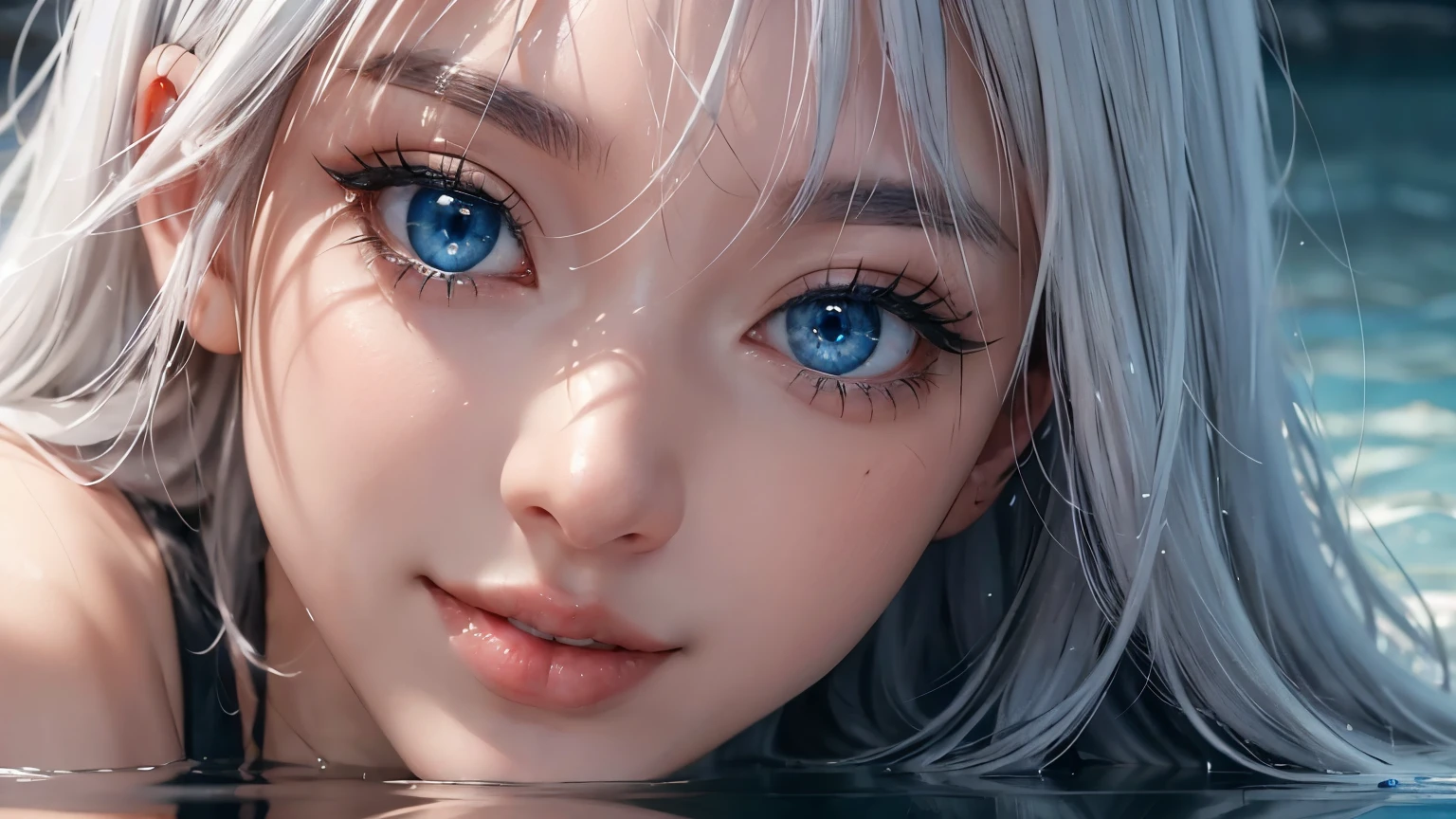 landscape of an woman, landscape of a very beautiful woman,(((extreme face close up))), Nao Tomori/(Charlotte/), anime style, (((lie sideaways)))!!!, (lie sideaways on the shallow water), looks at the camera with beautiful blue eyes, Ultra Detailed, A detailed eye, (Beautiful blue eye's like sapphire :1.40)!!, Stars in her fixed eyes, (homochromatic eyes)!!! attractive smile, beautiful smile, gorgeous smile, Perfect nose, Cute little nose, beatiful face, Face Clean, Skin, hyper realistic, Incredibly detailed face, hyper detailed face, A face with a lot of detail, Perfect eye shadow, wink, Hyper-Detailed Eyes, Hyper-detailing of eyebrows, Hyper-detailed eyelashes, white hair between eyes, White hair bangs, (ultra shine white hair)!!, (curvy hair with double tied up)!!, ((dynamic composition)), Best Quality, Masterpiece, Ultra-detailed, Beautiful, hight resolution, Original, CG 8K, perfect artwork, dramatic lighting, (Realistic) Realistic, Full HD, Best Quality, Best Quality, Beautiful lighting, (8k wallpaper of extremely detailed CG unit), High Details, sharp-focus, The art of dramatic and photorealistic painting, ((In shallow water)), dynamic composition
