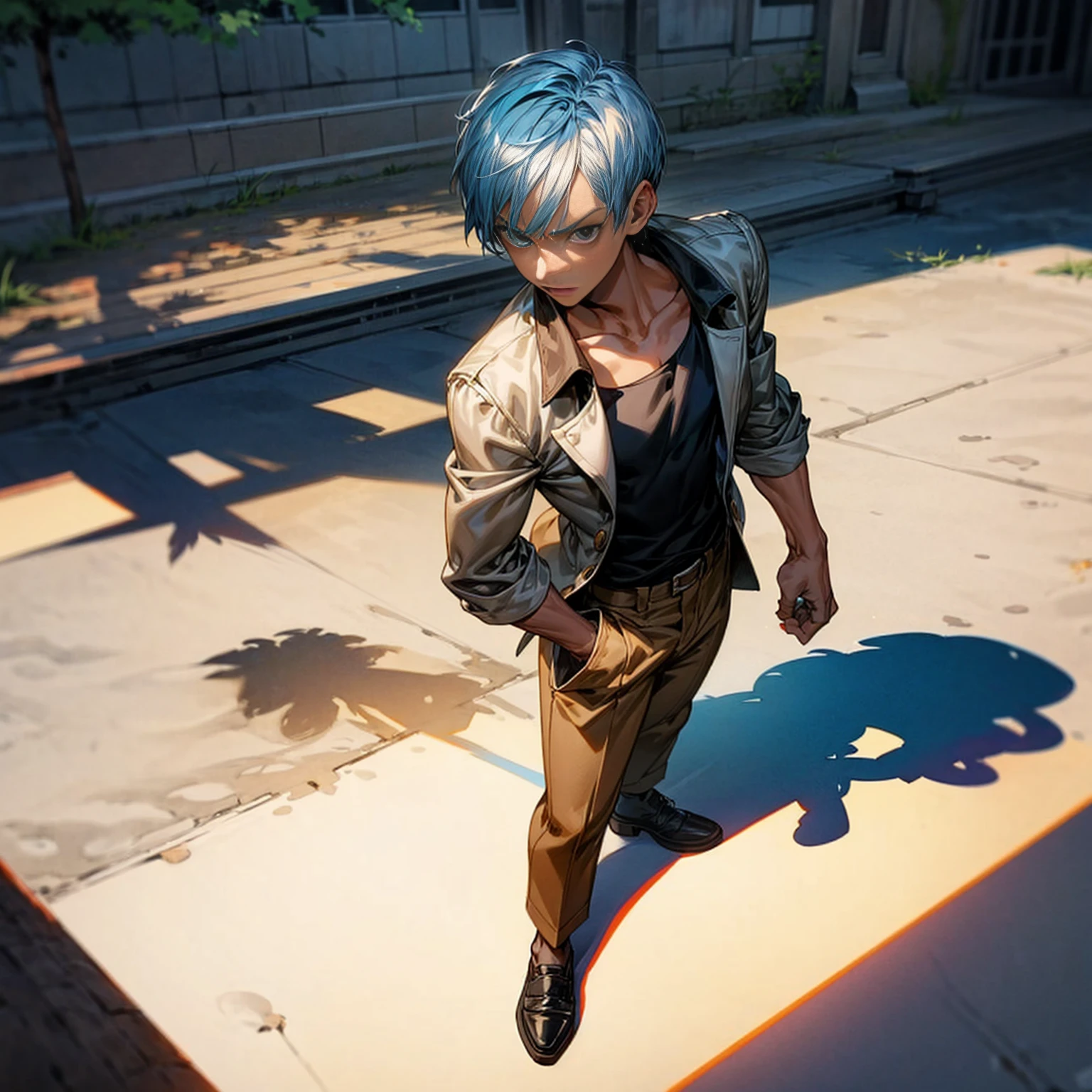 Solo character, young boy, Full body version, blue half white colour hair, short haircut, black shirt, brown trousers, shoes, no tie, Grassroots, background in Schoolyard, standing gesture, shadow, (one piece style art)