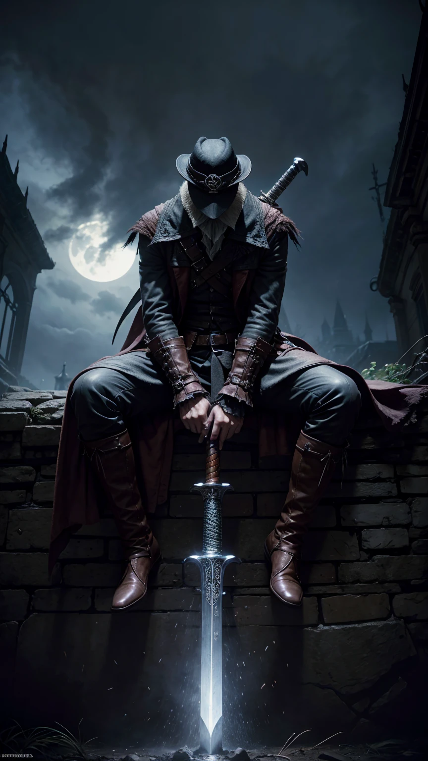 Bloodborne hunter sitting with his giant sword