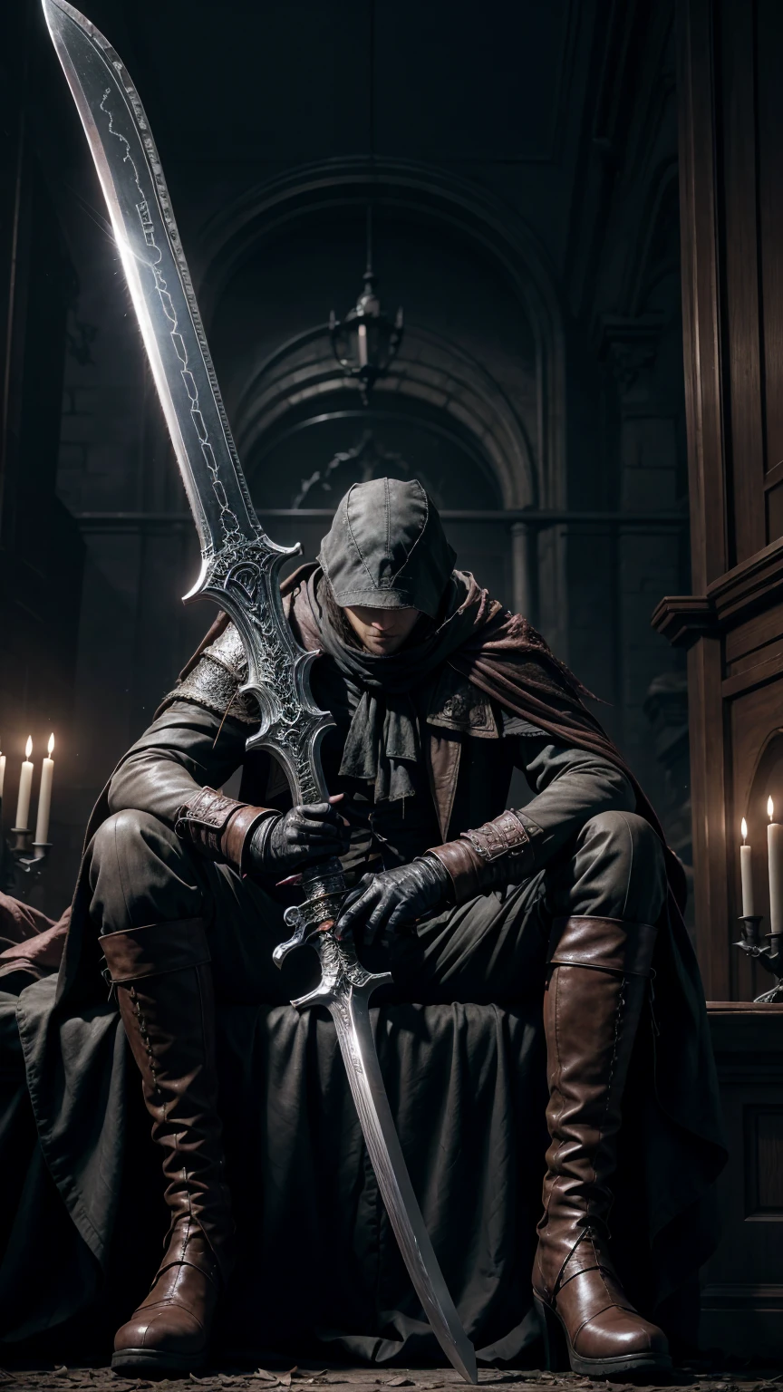 Bloodborne hunter sitting with his giant sword