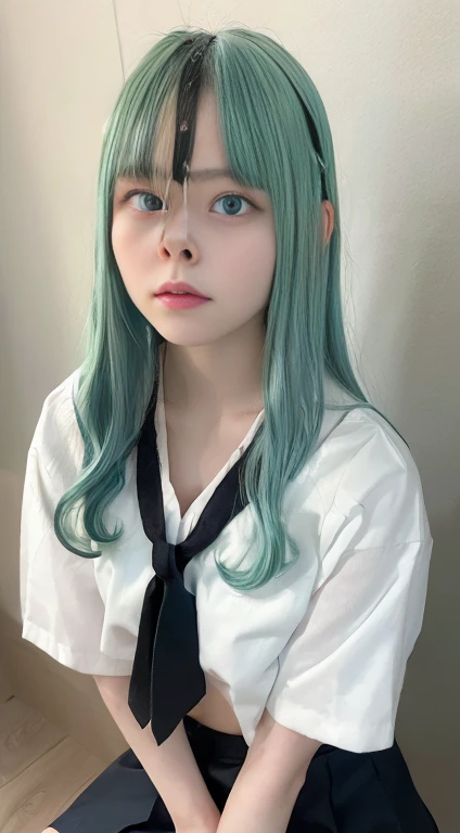 (One girl:1.4), (alone:1.4), 18-year-old,
break
(Blunt bangs:1.7), (Long Hair, Pastel green hair, Dark blue eyes, Symmetrical light blue hairpins:1.5), (smile:1.2), Sitting,
break
Sitting on machine, (school uniform), (White Shirt, Dark blue skirt, Blue tie:1.3), White socks,
break
classroom, blackboard, sunset, machine,
break
best quality, masterpiece, Highly detailed CG Unity 8K wallpapers,