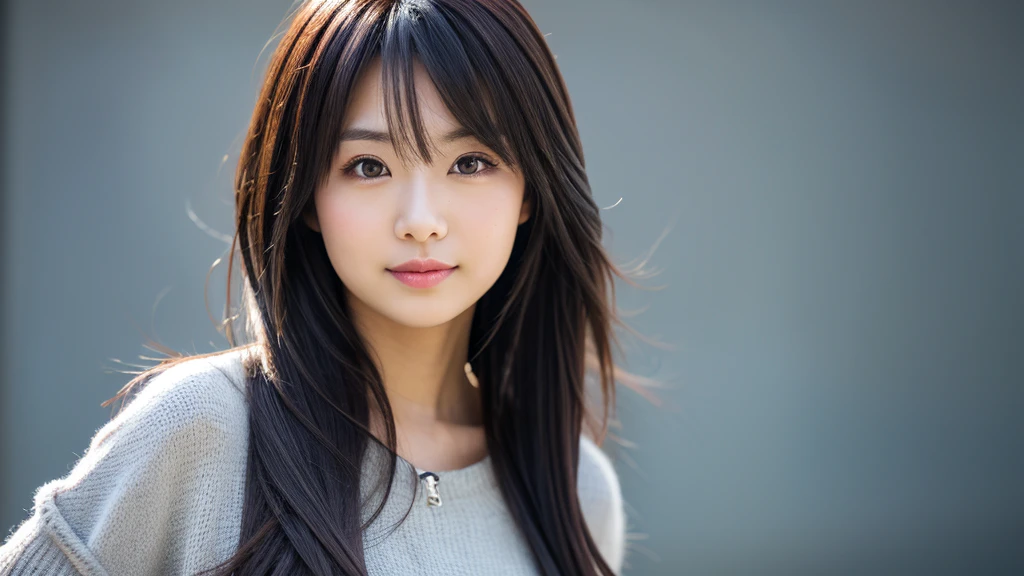 (Detailed face),vivid,chest,cute,Like grey issei miyake(fashion),4K,Ultra-high resolution,(Photorealistic:1.7),Gray background,Black long hair,