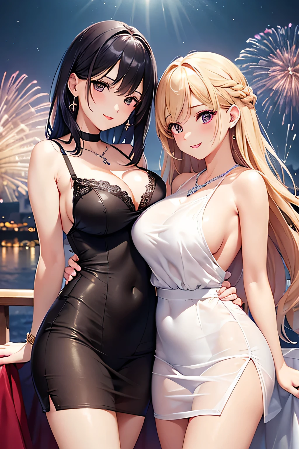 Highest quality、High resolution、Detailed Background、(Beautiful face in every detail:1.4)、Anatomically correct、(Normal number of fingers:1.2)、(Highly detailed face:1.2)、(Detailed eyes:1.2)、Beautiful women in their 20s、(Huge breasts:1.2)、Perfect body line、Light color hair、well-groomed eyebrows、Calm and elegant look、mysterious、Dreamy atmosphere、romantic、The sky is starting to darken、Dress with confidence、Feminine delicacy、Model pose、
(Two beautiful women with big smiles on their faces against the backdrop of illuminations and the night view:1.5)、
While showing off your shoulders and décolleté line beautifully、By emphasizing the I-line, you can create a feminine silhouette.、Shiny satin and sheer fabrics give a sexy look.、Deep colors such as red create a mature and sexy look.、A sheer camisole with lace innerwear for a sheer look、A camisole with an open back and a tight skirt make for a beautiful outfit that makes your back look beautiful too.、Put your hair up and show off your neck for a more sexy look.、Add some red lipstick and eyeshadow to brighten up your face and make it even more attractive.、Necklaces and earrings、By using accessories such as belts effectively, you can bring out your charm even more.、very beautiful
