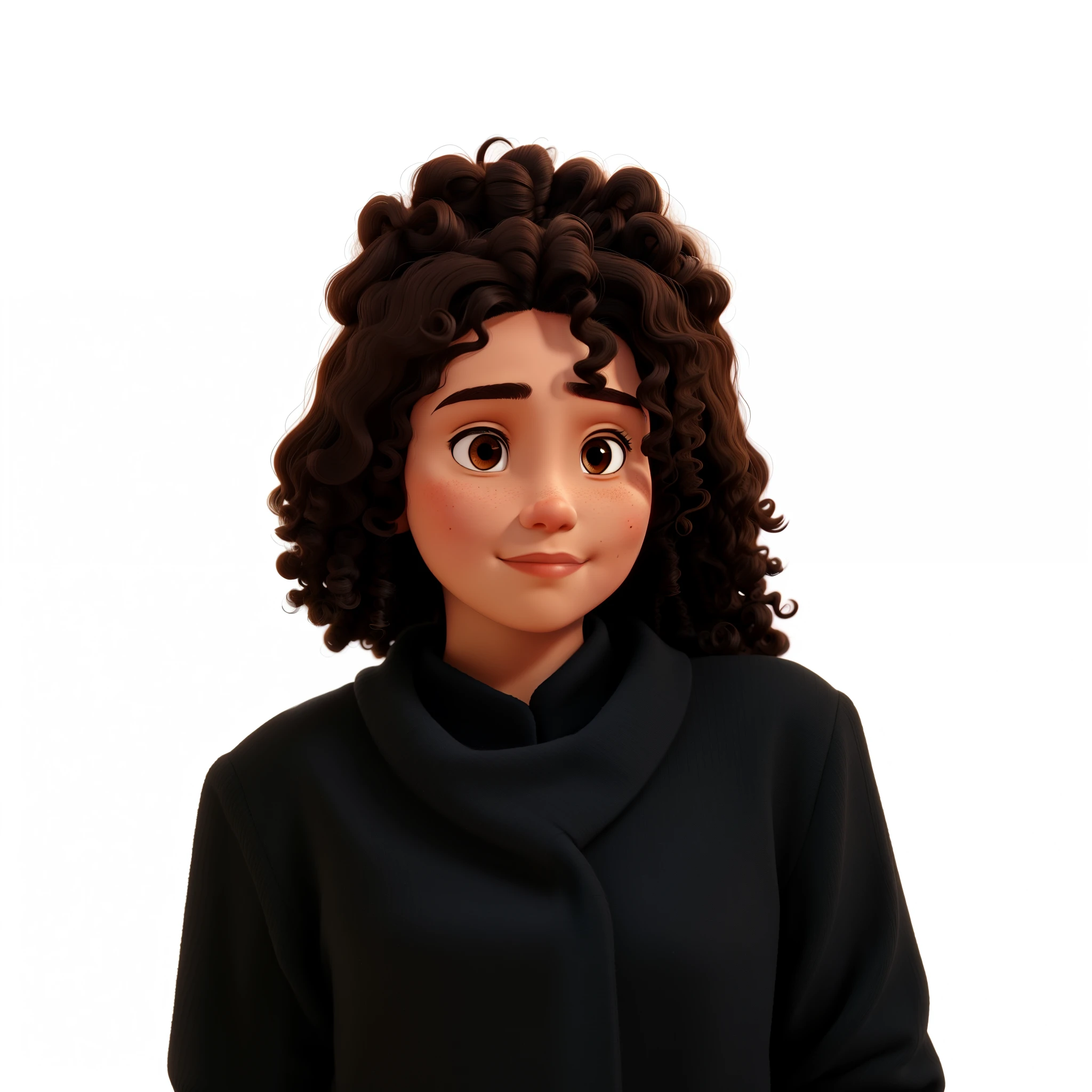 indigenous adult woman, curly hair, brown dark eyes, small eyes