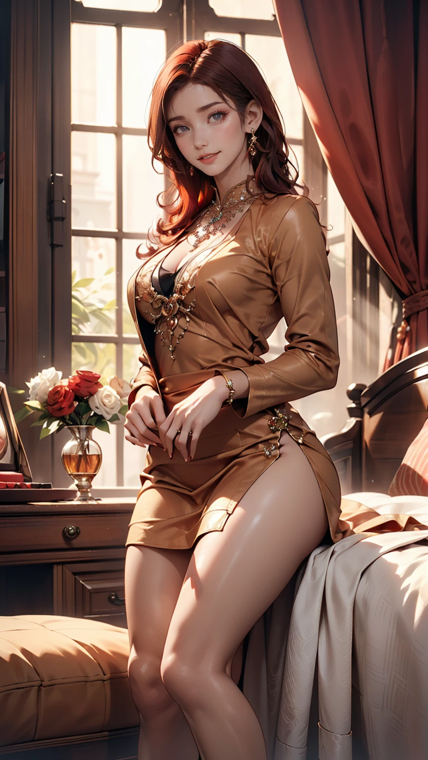 ((masterpiece,Highest quality)), 4K, High resolution, One girl, alone, smile, Brown dress((slit deep)), Exposed thighs、(Perfumer&#39;s Outfit 2:1.2), 、Stiletto heels、Curly Hair((curly hair))、Red inner color((colored inner hair))、Crystal Earrings((crystal earrings))