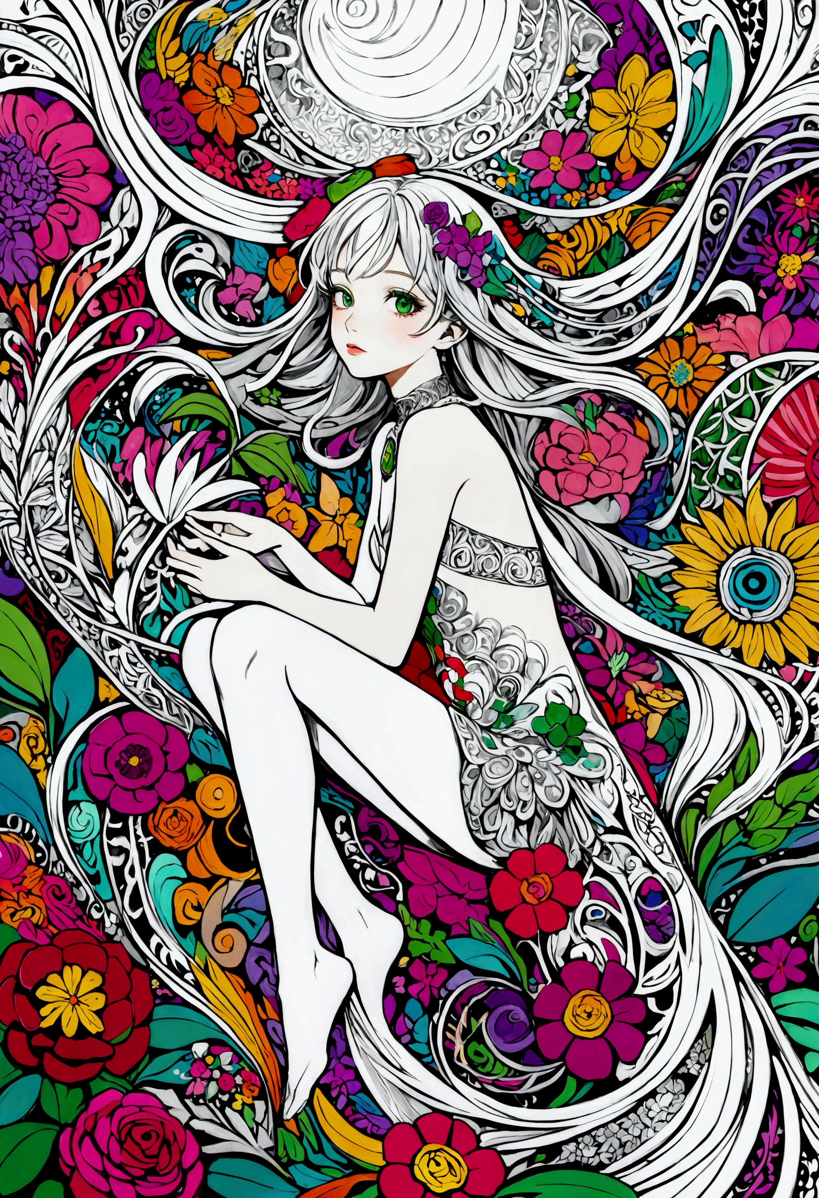 Official Art, colorful, Very detailed, beautiful and aesthetic, beautiful, masterpiece, Highest quality, (zenTangle, colorful, Tangle, enTangle), (Flower Ecstasy:1.2) Dynamic Angle, Girl To, the most beautiful form of chaos, elegant, Brutalist Design, Vibrant colors, Romanticism, Venus、The background is silver&green: Surrounded by a white aura、god々Shii、An illustration、12 years old、whole body