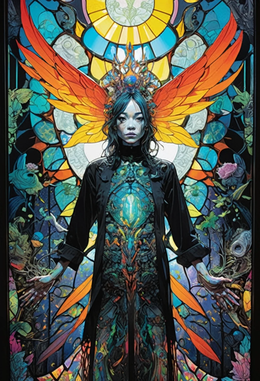 Poster,Jim Mahfood,ellen jewett, Very detailed, High Contrast,masterpiece, Stained Glass Background,,psychedelic,世界の創造魅惑的なpsychedelic, LSD Trip, colorful, Shine,holding a pack of cigarettes,Christ