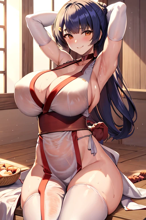 masterpiece, best quality, beautiful art, high resolution, well formed hands, body and fingers, 1 woman, solo, Xiangling , hair ornament, adult, grown up, big breasted, cleavage, full body, braided long hair, white_japanese_clothes, wearing DOA Kasumi's ehite kunoichi dress, sexy and skimpy japanese clothes, kimono peek, sleeveless, white stockings, gorgeous legs and thighs, dancing seductively and erotically, shaking her body alluringly, sweating bouncing breasts up and down, , smiling joyfully, looking at the viewer, flirting, beach environment