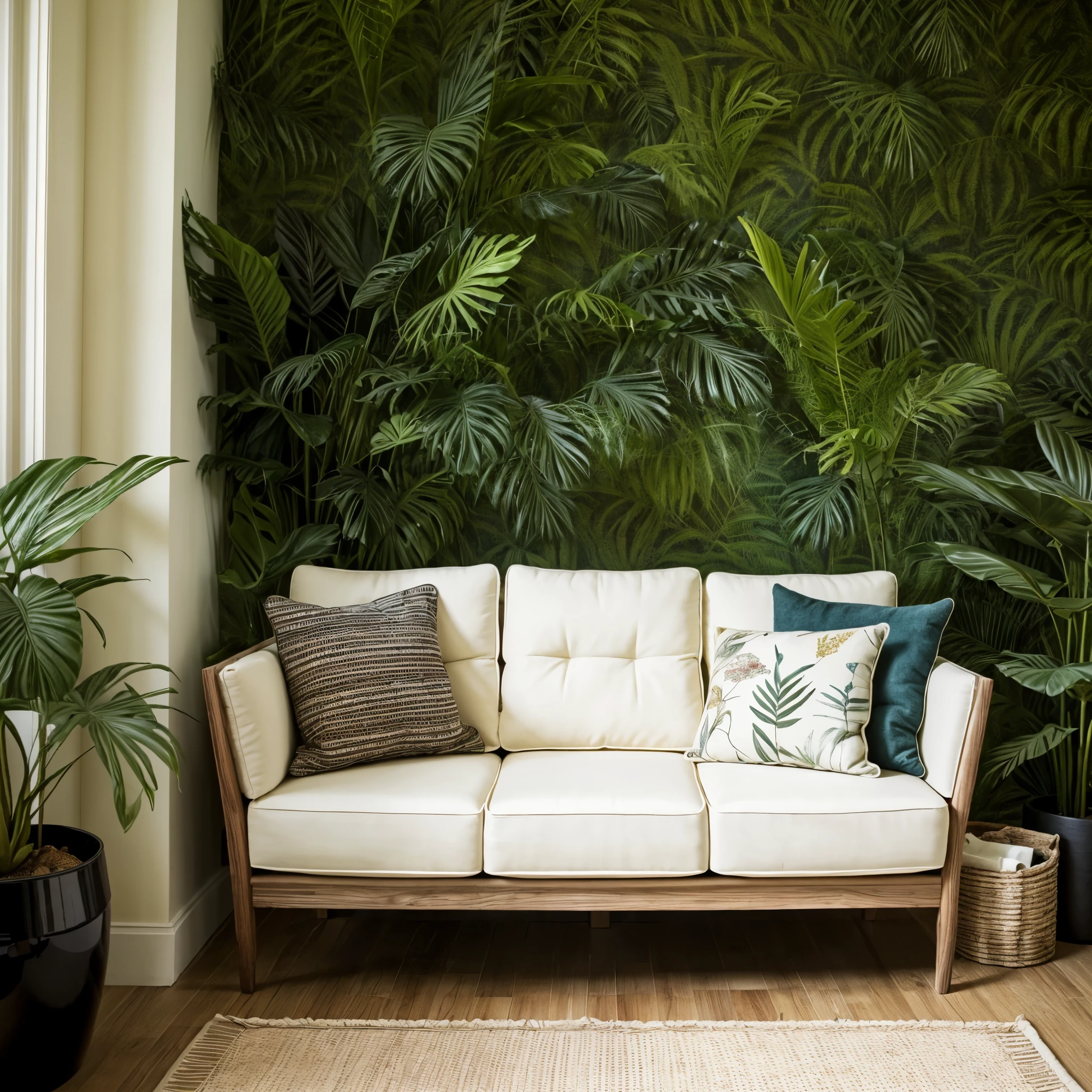 comfortable sofa, plush cushions, cozy design, stylish upholstery, relaxed setting, plantation decoration, lush greenery, indoor plants, vibrant foliage, elegant background, warm and inviting atmosphere