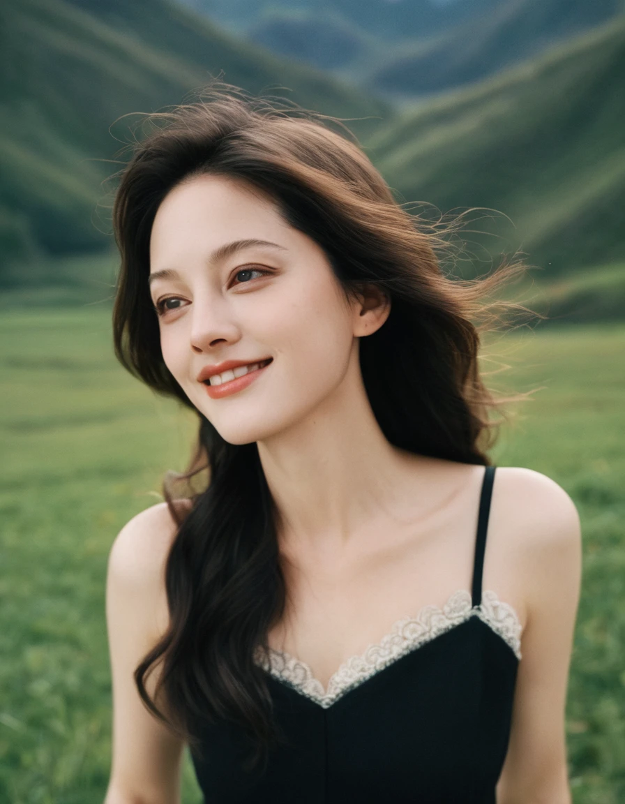 xxmixgirl, full body of a beautiful cute long face Japanese girl, happy smiling, still from the film, ((young Marion Cotillard face : 1.1)), ((young Anne Hathaway face: 0.9)), side shot, portrait photo of a cute 19 y.o woman, looks at viewer, full lips, beauty natural skin, skin moles, starry night, (cinematic, film grain:1.1), ((asian winged eyes, very long and slender slim face, windy tousled, goddess long curly black hair, stapless crop top)), relaxing among mountains valley, Leica SL3, Summicron-SL 75mm ASPH, F/2, (cinematic still:1.2) Kodak Gold 200 film, bokeh, rim lighting, silhouette, shallowed depth of field, dynamic hands up,