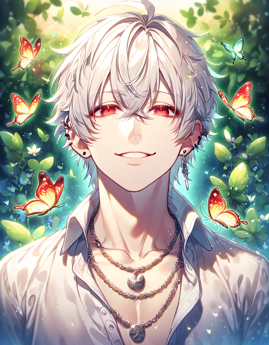 absurdres, highres, ultra detailed, HDR, master piece, best quality, extremely detailed face, delicated features, Aohitsugi Samatoki, chin length white hair, expressive red eyes, long eyelashes, Hypnosis Mic, solo, sexy man, handsome, handsome smile, white shirt, unbuttoned shirt, necklace, ear piercings, fantasy, magical, butterflies, summer, green leaves, flowers, water