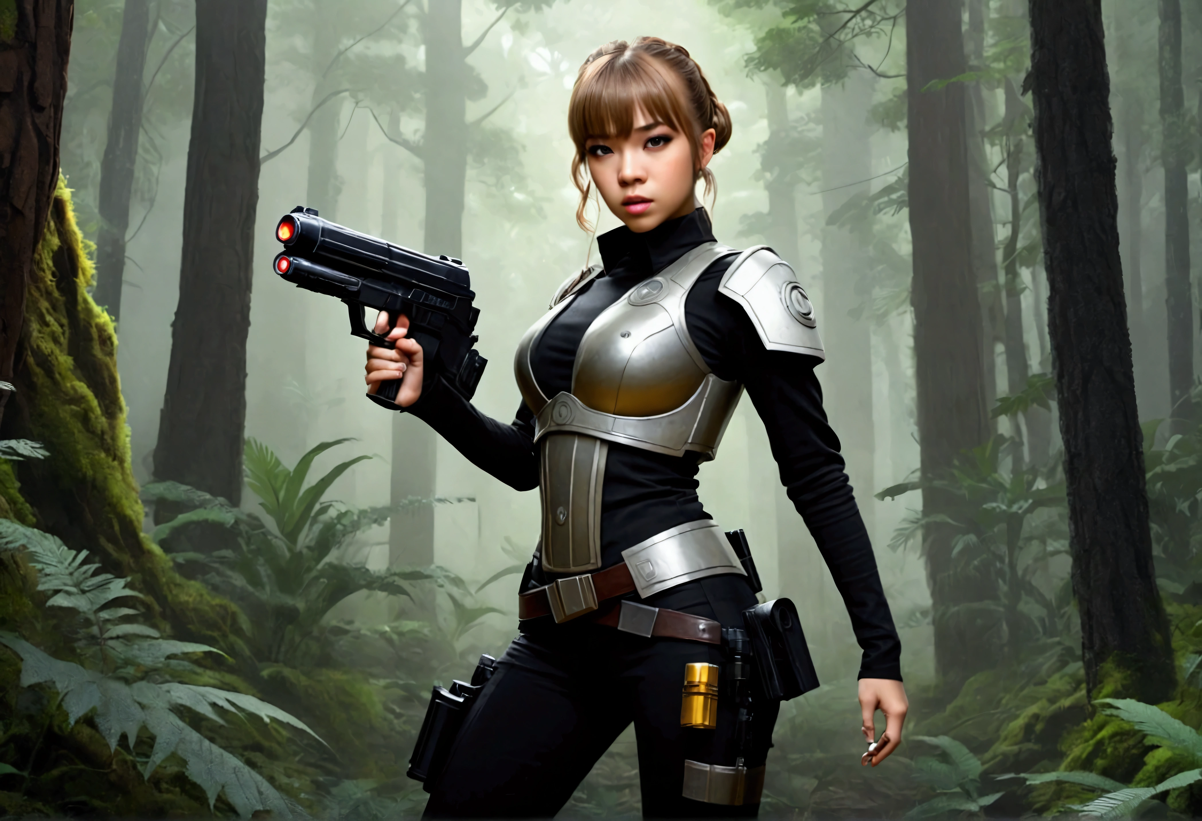 Star Wars (Lalisa Manobal, age 25, sexy combat outfit, very detailed blaster pistol) is a Rebel mercenary raiding an imperial convoy in a jungle. Action pose