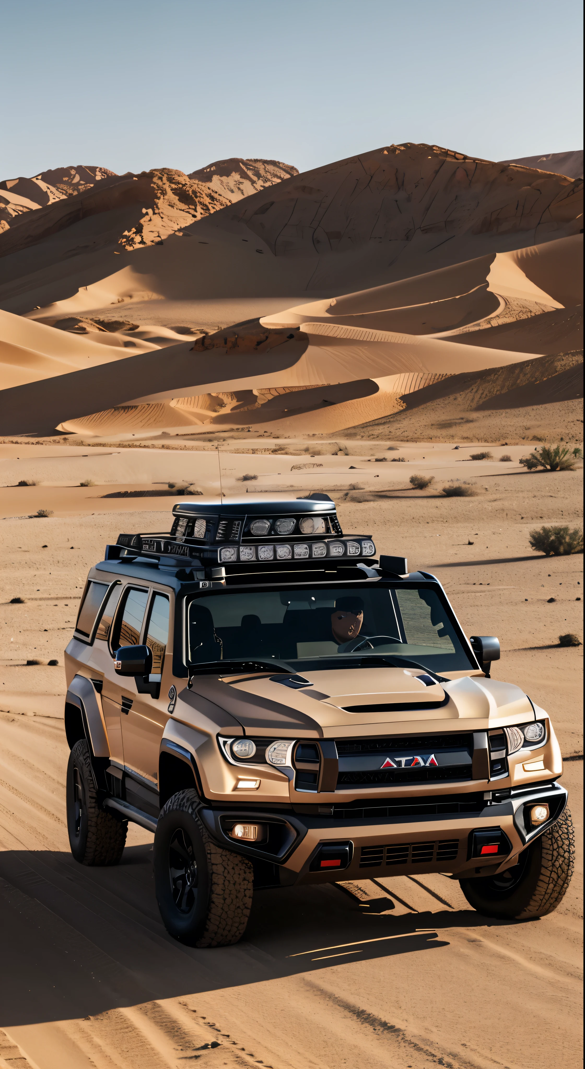 Driving a car in the desert、Character Portraits、Face from the front、Humvee、Thick neck、Anorld Rendering、twoface、、Surreal Absurdity、Humveeに乗るブラットピット、RAW Photos、8K  UHD、Digital SLR、Soft Lighting、high quality、Film Grain、Fujifilm XT3、(Highly detailed skin:1.2)