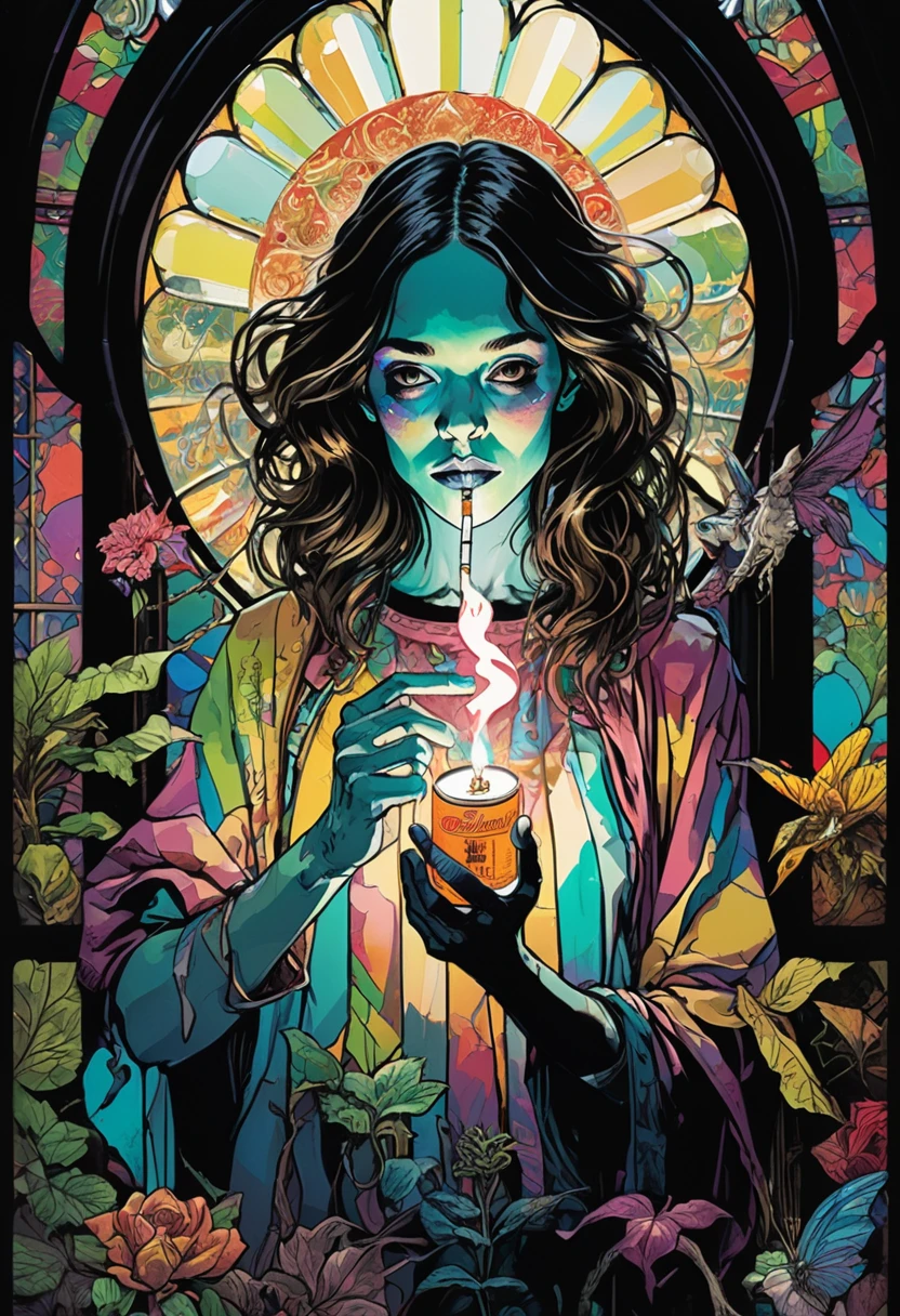 Poster,Jim Mahfood,ellen jewett, Very detailed, High Contrast,masterpiece, Stained Glass Background,,psychedelic,世界の創造魅惑的なpsychedelic, LSD Trip, colorful, Shine,holding a pack of cigarettes,Christ
