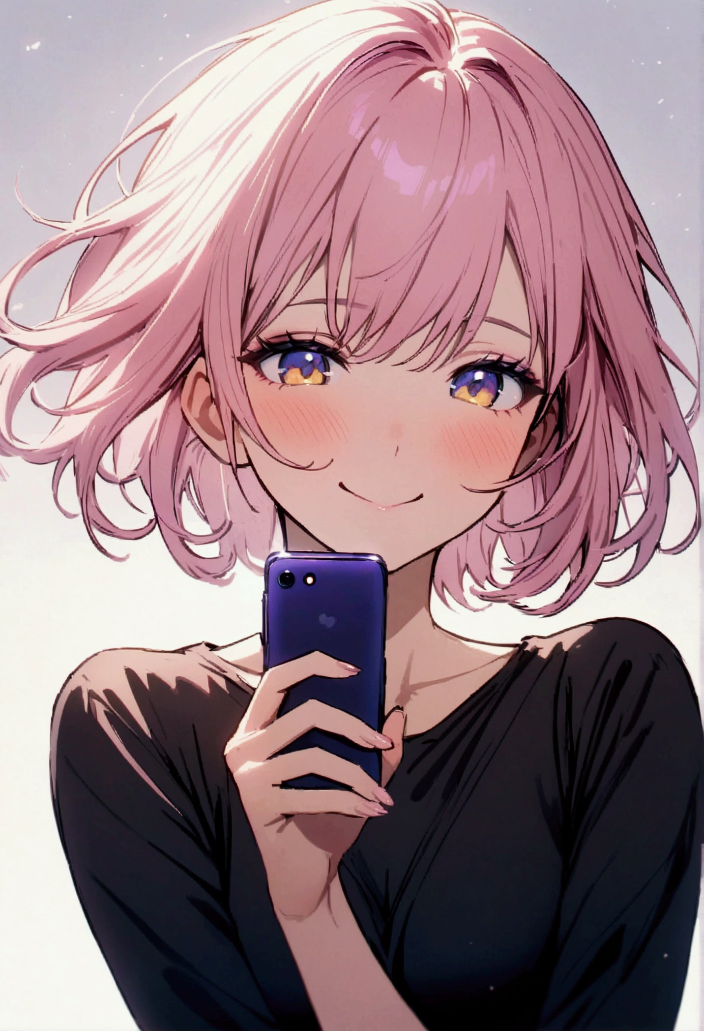 Young woman, Upper body, short hair, pink-yellow hair, blue-purple-yellow eyes, Blue Makeup, black shirt, simple background, smiling, blushing, holding an android phone
