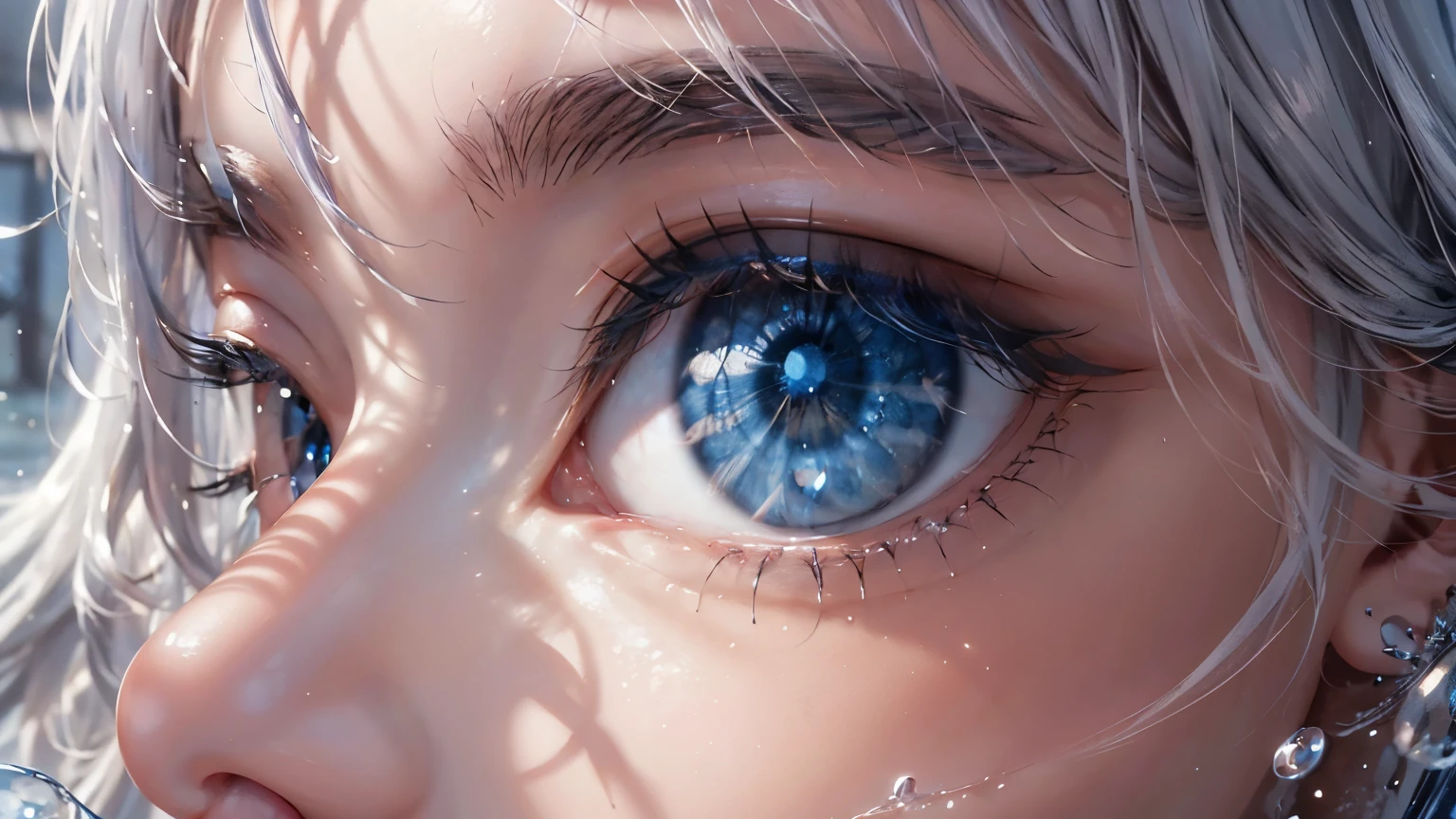 landscape of an woman, landscape of a very beautiful woman,(((extreme face close up))), Nao Tomori/(Charlotte/), anime style, (((lie sideaways)))!!!, (lie sideaways on the shallow water), looks at the camera with beautiful blue eyes, Ultra Detailed, A detailed eye, (Beautiful blue eye's like sapphire :1.40)!!, Stars in her fixed eyes, (homochromatic eyes)!!! attractive smile, beautiful smile, gorgeous smile, Perfect nose, Cute little nose, beatiful face, Face Clean, Skin, hyper realistic, Incredibly detailed face, hyper detailed face, A face with a lot of detail, Perfect eye shadow, wink, Hyper-Detailed Eyes, Hyper-detailing of eyebrows, Hyper-detailed eyelashes, white hair between eyes, White hair bangs, (ultra shine white hair)!!, (curvy hair with double tied up)!!, ((dynamic composition)), Best Quality, Masterpiece, Ultra-detailed, Beautiful, hight resolution, Original, CG 8K, perfect artwork, dramatic lighting, (Realistic) Realistic, Full HD, Best Quality, Best Quality, Beautiful lighting, (8k wallpaper of extremely detailed CG unit), High Details, sharp-focus, The art of dramatic and photorealistic painting, ((In shallow water)), dynamic composition