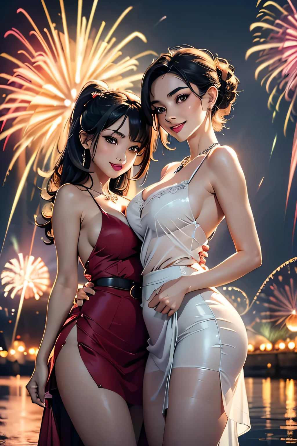 Highest quality、High resolution、Detailed Background、(Beautiful face in every detail:1.4)、Anatomically correct、(Normal number of fingers:1.2)、(Highly detailed face:1.2)、(Detailed eyes:1.2)、Beautiful women in their 20s、(Huge breasts:1.2)、Perfect body line、Light color hair、well-groomed eyebrows、Calm and elegant look、mysterious、Dreamy atmosphere、romantic、The sky is starting to darken、Dress with confidence、Feminine delicacy、Model pose、
(Two beautiful women with big smiles on their faces against the backdrop of illuminations and the night view:1.5)、
While showing off your shoulders and décolleté line beautifully、By emphasizing the I-line, you can create a feminine silhouette.、Shiny satin and sheer fabrics give a sexy look.、Deep colors such as red create a mature and sexy look.、A sheer camisole with lace innerwear for a sheer look、A camisole with an open back and a tight skirt make for a beautiful outfit that makes your back look beautiful too.、Put your hair up and show off your neck for a more sexy look.、Add some red lipstick and eyeshadow to brighten up your face and make it even more attractive.、Necklaces and earrings、By using accessories such as belts effectively, you can bring out your charm even more.、very beautiful